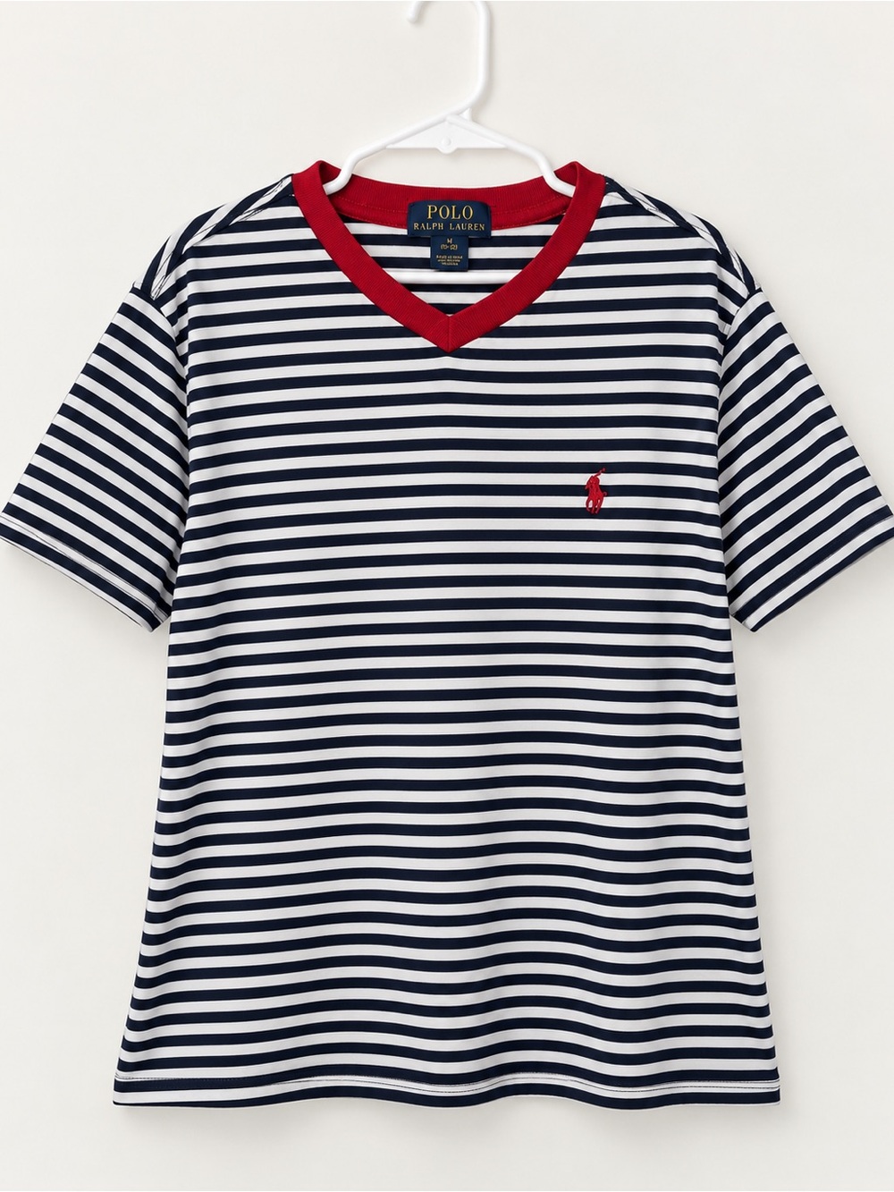 Polo by Ralph Lauren Kids Navy & White Striped V-Neck Shirt with Red Trim